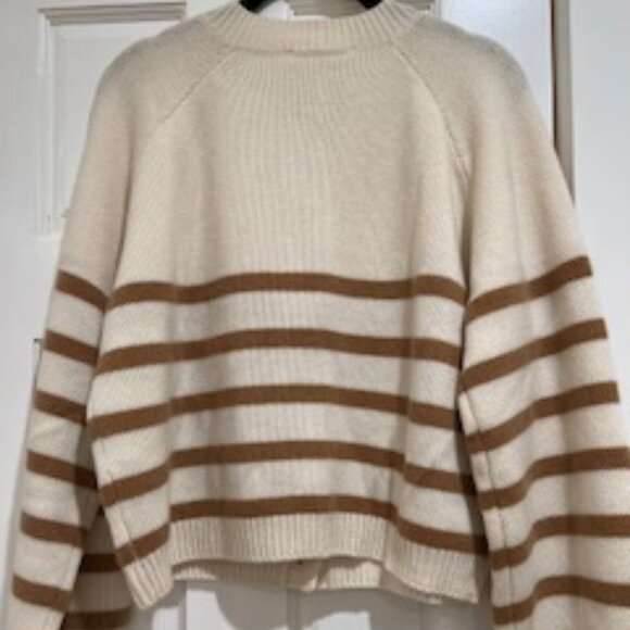 NWT Frame Pretty Breton Cream/Taupe Stripe Cardigan 100% Soft Cashmere Size M - Picture 3 of 10